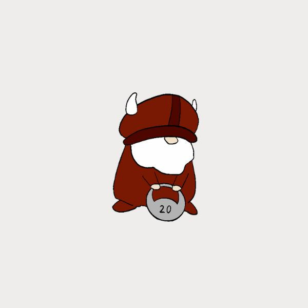 Cartoon character Björn with a red outfit and white hat holding a silver weight labeled '20' on a light gray background