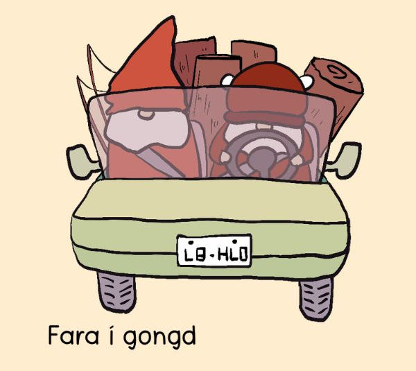Björn and Sveinn with woods in a car. Björn is driving.