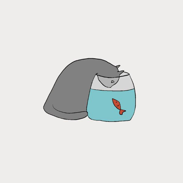 Illustration of a gray cat with a blue container holding a red fish on a light gray background