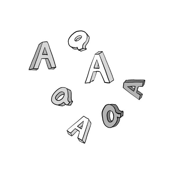 Six 3D-rendered A letters, arranged on a plain white background.