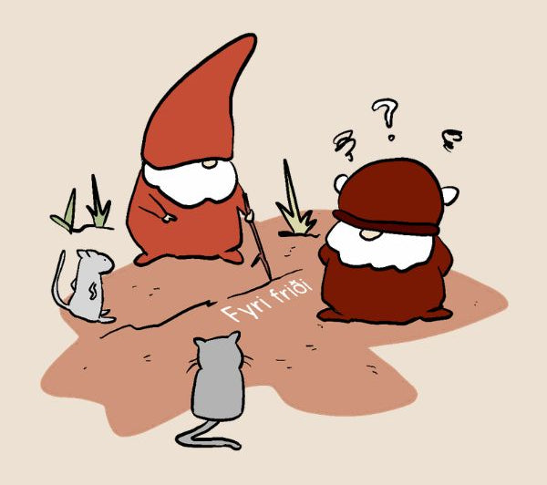 They have some discussion. But Björn doesn't understand what Sveinn is doing. Sveinn draws a line on the ground.