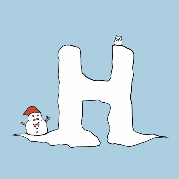 A whimsical illustration of the letter H shaped like a snowy cliff or ice, with a small snowman wearing a red hat at the lower left and a tiny white owl sitting on top at the upper right, all on a light blue background.