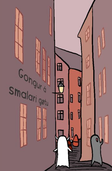 A minimalist cartoon illustration of a narrow city street between tall buildings, with two ghost-like figures standing in the foreground and several lit windows in the background.