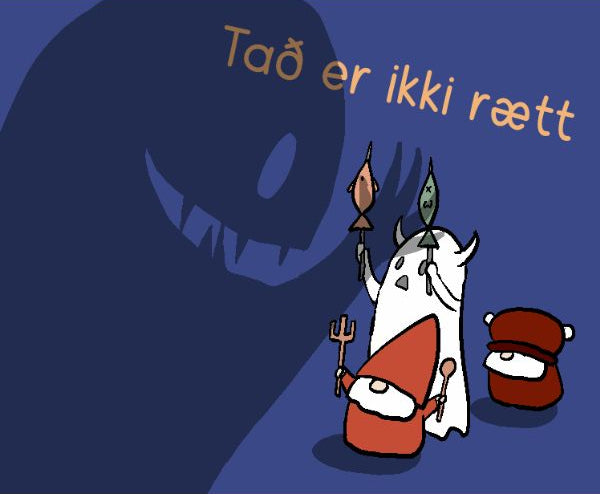 A stylized cartoon illustration with the text 'Tað er ikki rætt' on a dark blue background. The scene shows small ghost-like characters, one white, holding fishing rods, and Sveinn. with a large dark shadowy face in front them.