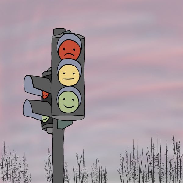 An illustrated traffic light on a pole against a soft pink and lavender sky, with simple tree silhouettes along the bottom. The traffic light faces are colored red, yellow, and green, and the left side shows a gray signal head.