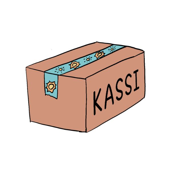 A hand-drawn illustration of a brown cardboard box with the name 'KASSI' written in black letters on the side, sealed with a light blue tape strip decorated with small yellow sun motifs.