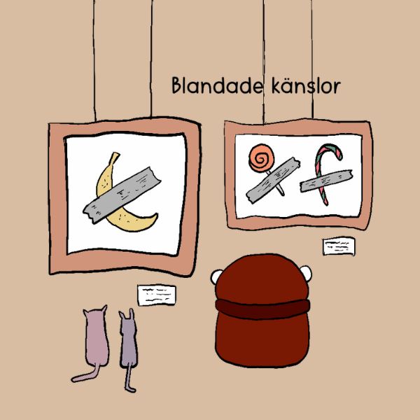 A minimalist hand-drawn illustration on a warm beige background. Two framed artworks hang on the wall: one with a yellow banana taped in half, and another with a lollipop and a candy cane taped with gray tape.