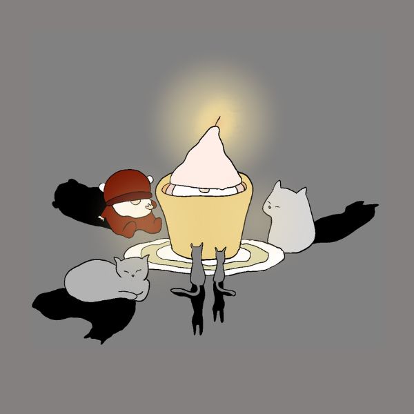 Cartoon character Sveinn becomes a candle surrounded by cats on a gray background