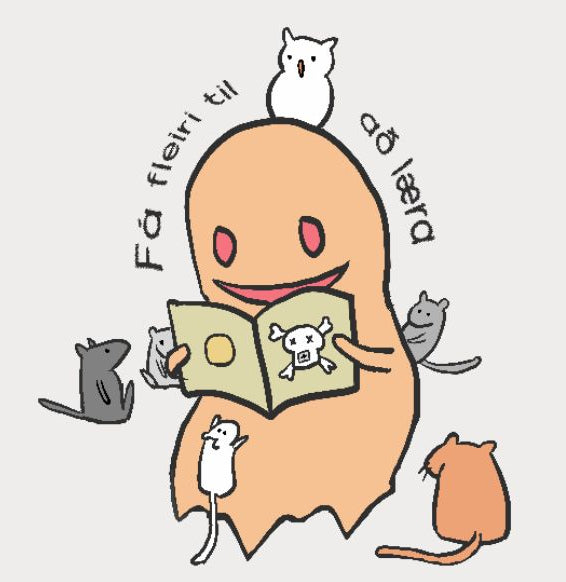 A cute cartoon illustration of a peach-colored ghost-like character reading an open book, surrounded by small cats and mice in gray, white, and orange tones on a light gray background. Curved text above reads 'Fá fleiri til að læra'.