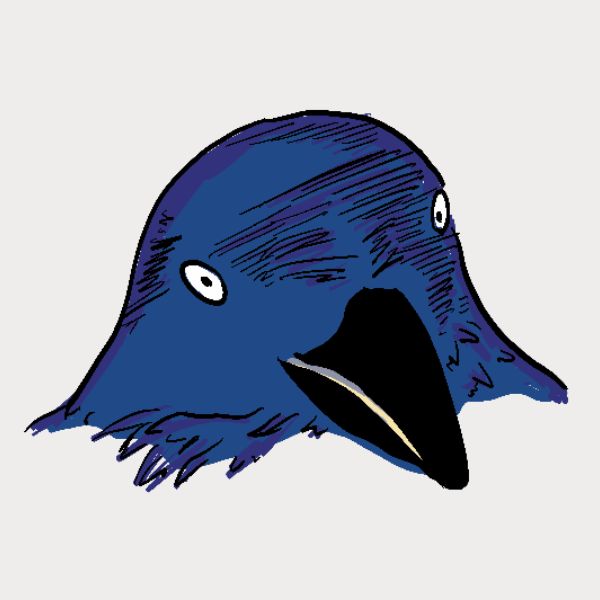 A stylized illustration of a blue raven with white eyes and a black beak.