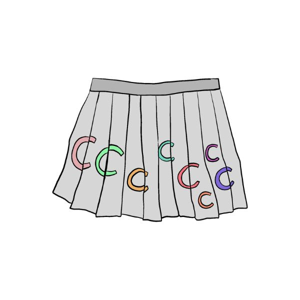 A light gray pleated skirt with a gray waistband, decorated with multiple colorful embroidered letters 'C' in pink, green, orange, teal, red, and purple.