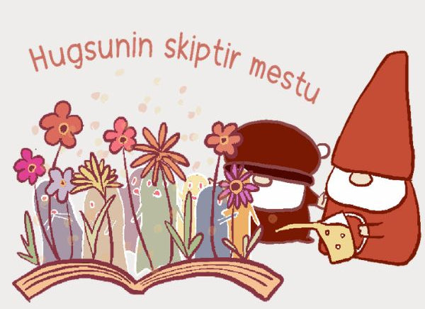 A cute cartoon illustration of Sveinn in a red hat watering flowers growing out of a book. The text 'Hugsunin skiptir mestu' appears above in a soft coral-pink font.