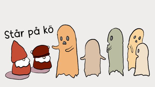 A minimalist line-art illustration on a light gray background showing several cartoon ghost-like figures in beige, peach, green, yellow, and cream, plus two gnome-like characters in red and brown. The text 'Står på kö' appears in black at the upper left.