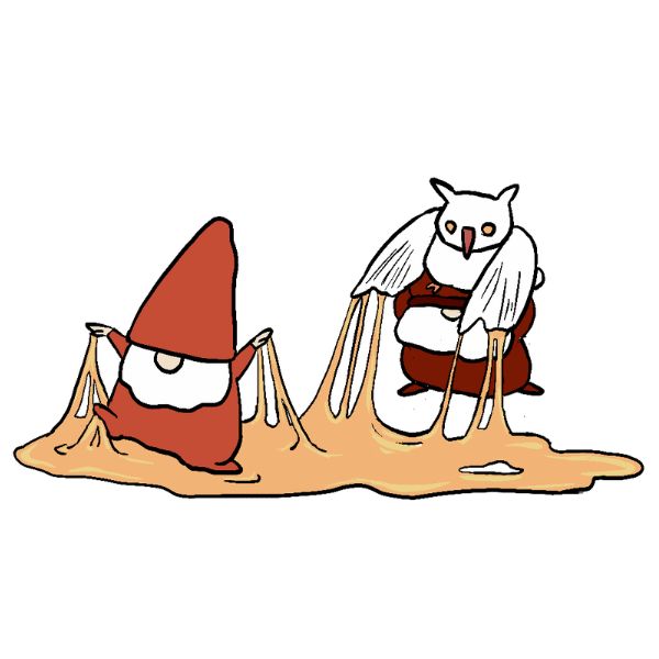 A cartoon illustration of two small characters on a white background: Sveinn on the left and a white owl on the right, both standing in a tan puddle-like shape with long stringy lines extending downward.