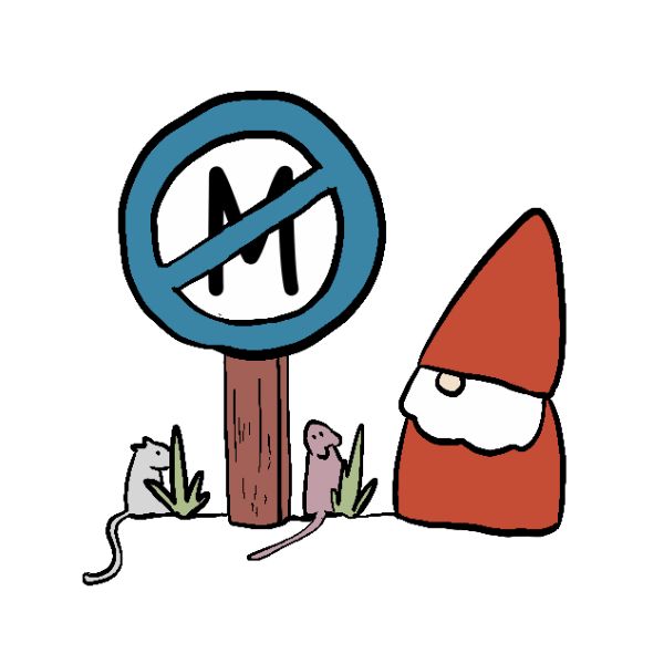 A minimalist cartoon illustration Sveinn standing beside a blue prohibition sign over a brown post.