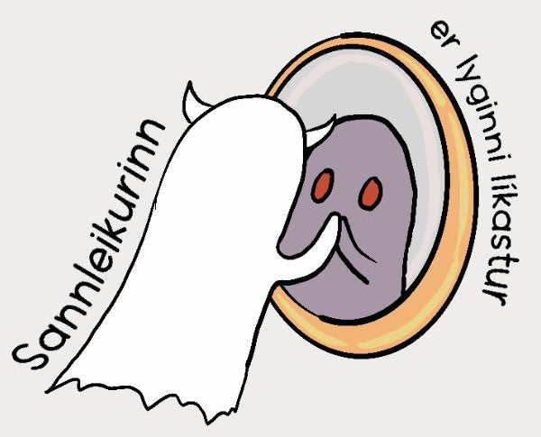 A cartoon-style graphic on a light gray background showing a white devil facing a purple ghost face inside a circular frame, with black text curved around them.