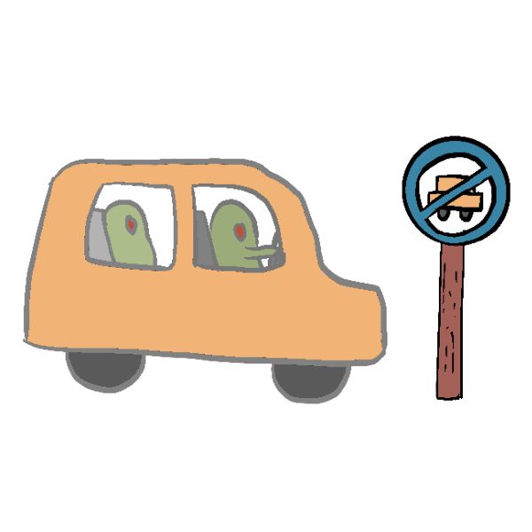 A simple cartoon illustration of a light orange car with green alien-like figures inside, shown next to a round no-truck traffic sign on a brown post against a white background.