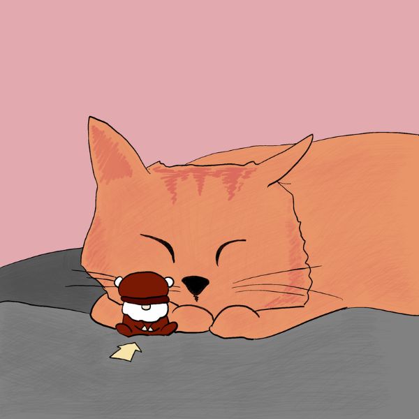 A stylized illustration of a large orange cat sleeping on a gray surface against a pink background, with a small brown-and-white character sitting in front of the cat's face.