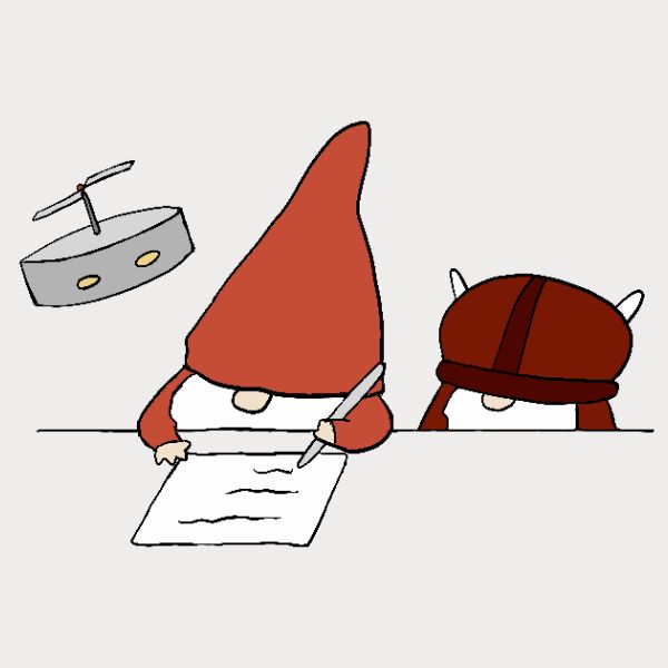 Cartoon Sveinn with red hat writing on paper, while Björn watches.
