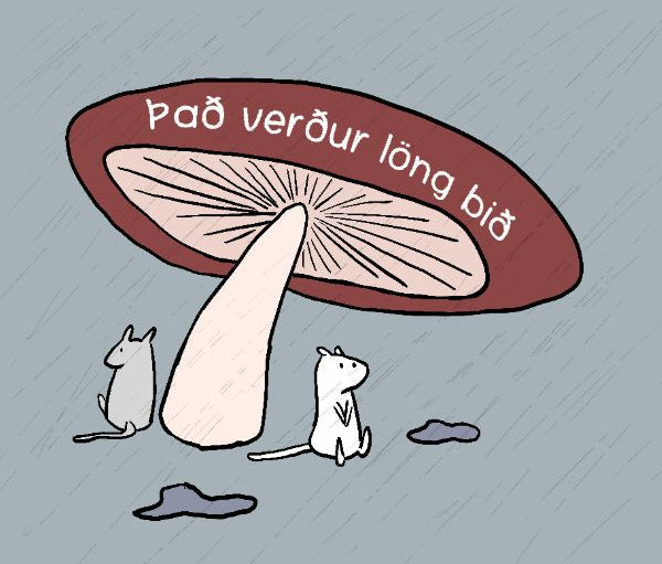 Two mice waiting under a big mushroom, waiting for the rain to stop.they want to go home.