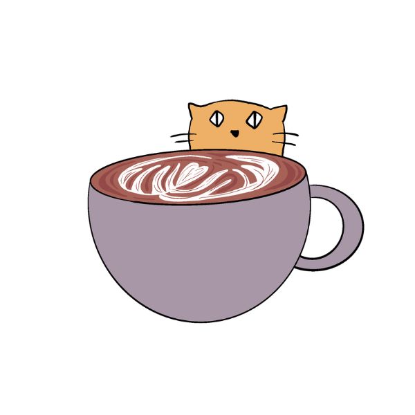 A cute cartoon illustration of an orange cat peeking over the edge of a gray coffee mug filled with latte art on a plain white background.