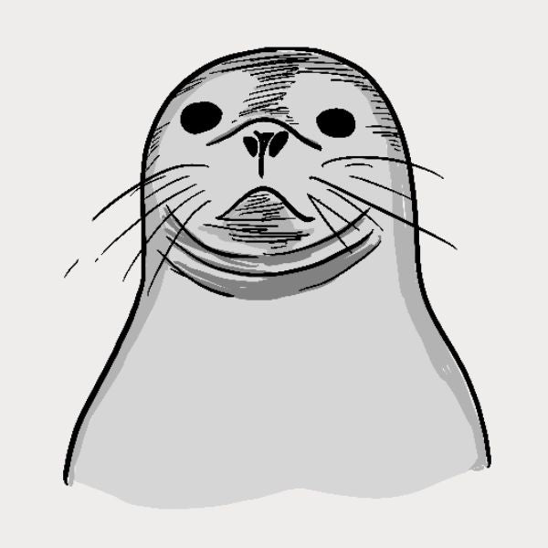 A minimalist black and white line art illustration of a seal.