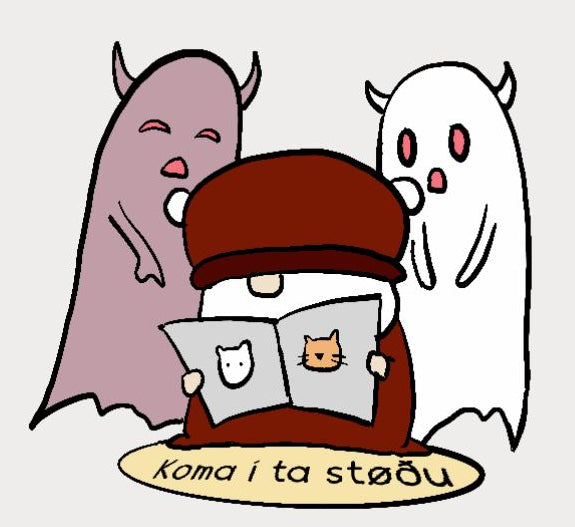 A cartoon illustration of Björn reading an map, with two ghosts behind them on a light gray background. Below the illustration the text 'Koma í ta støðu'.