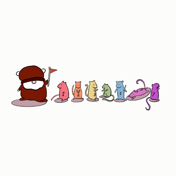 A cartoon illustration of a row of numbered mice in different colors, with Björn holding a small flag at the left.
