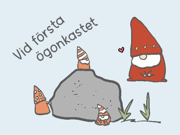 A minimalist cartoon illustration on a pale blue background showing a red Sveinn beside a gray rock with small orange-and-white mini sveinn and a small heart. Swedish text reads 'Vid första ögonkastet'.