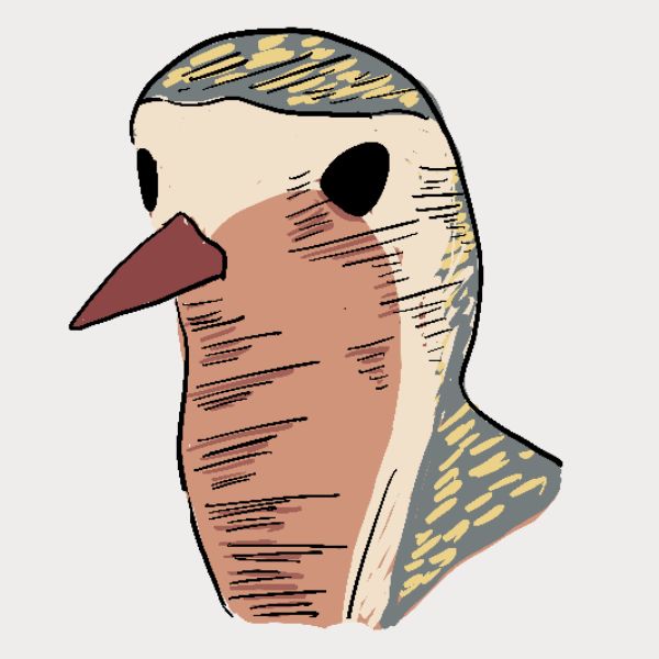 A stylized illustration of lóa. The drawing uses beige, brown, gray, black, and muted yellow tones, with a reddish-brown beak and black eye shapes.