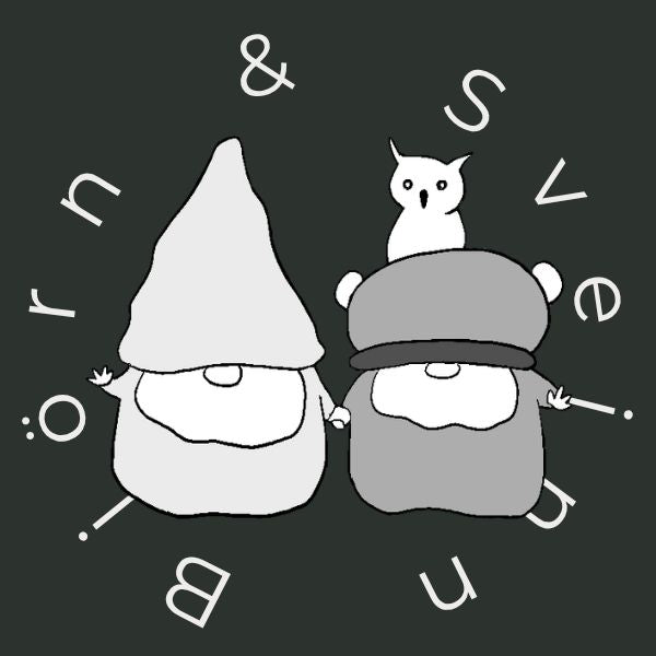Two cartoon figures Björn and Sveinn with a white owl on one's head against a black background with white text.