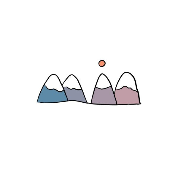 Simple illustration of mountains with a sun above on a white background