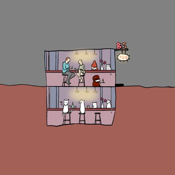 Cartoon-style illustration of a bar with people and animals, featuring the letters 'BS' on the wall.