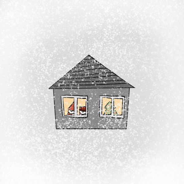 Illustration of a house with windows showing Christmas scenes on a snowy background