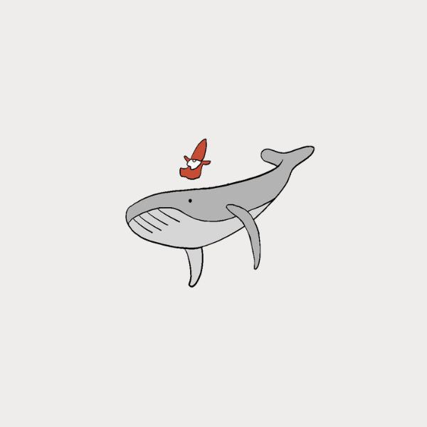 Illustration of a whale carrying a small red character Sveinn on its back against a light gray background