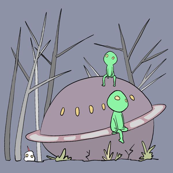 A stylized cartoon illustration of two green alien-like figures on and around a large dome-shaped structure, with bare trees and small plants on a muted blue-gray background.
