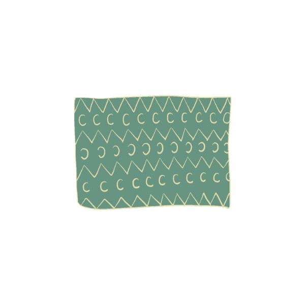 A square fabric item, likely a napkin or small cloth, featuring a sage green background with a repeating cream geometric pattern of zigzags and crescents.
