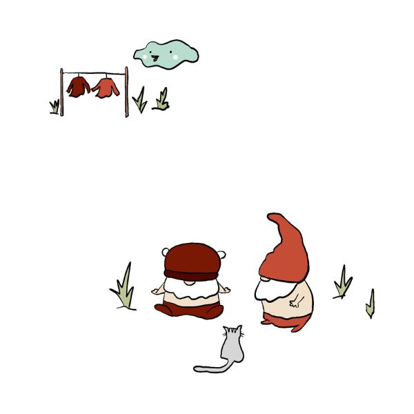 Cartoon-style illustration of two gnomes and a cat near a clothesline with hanging clothes.