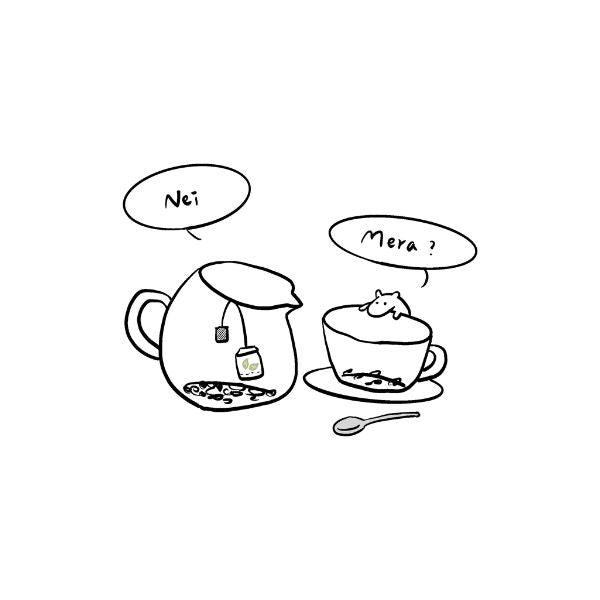 Illustration of a teapot and cup with speech bubbles labeled 'Nei' and 'Mera?' on a white background.