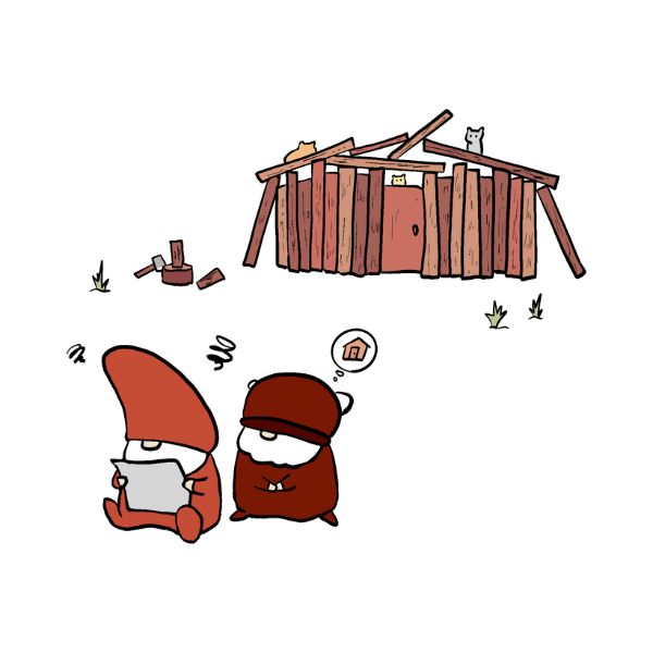 Cartoon illustration of two characters, Sveinn reading the house design and Björn thinking about building a house, with a wooden cabin in the background.