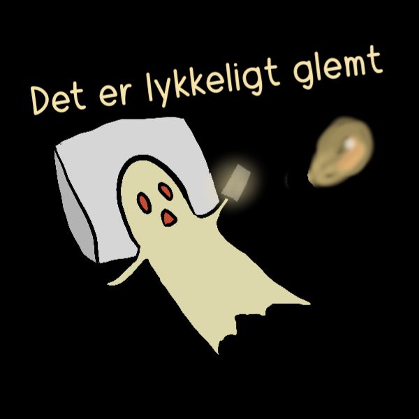 A cartoon-style graphic on a black background showing a pale yellow ghost-like figure lying in a white pillow, with the text 'Det er lykeligt glemt' above it and a small blurred oval shape to the right.
