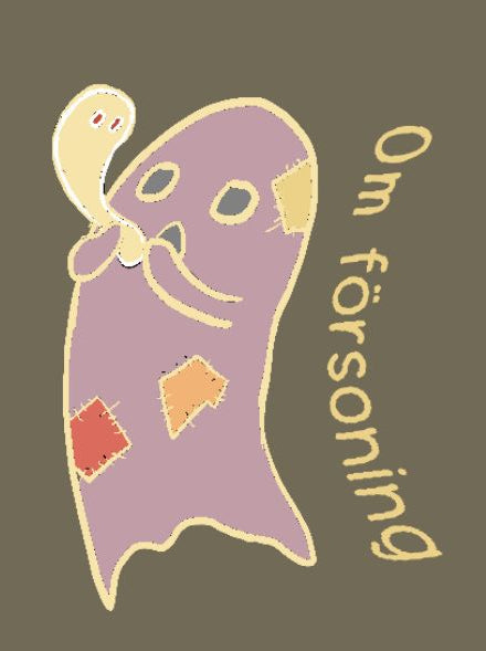 A stylized illustration of a purple ghost-like figure holding a small pale yellow soul, with the Swedish text 'Om försöning' written vertically in yellow on a solid dark brown background.