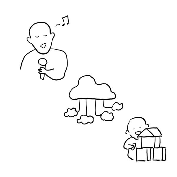 Black and white line drawing of a person singing and a child playing with blocks.