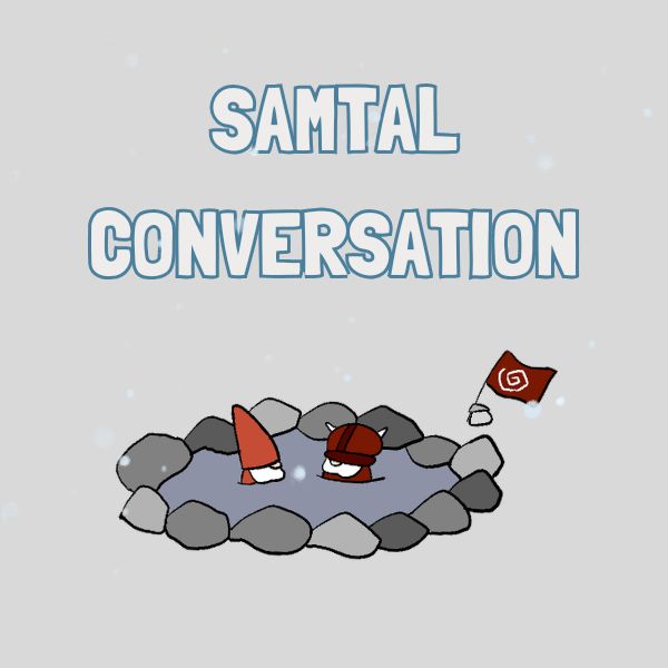 Two cartoon gnomes by a campfire with 'SAMTAL CONVERSATION' text above on a light gray background.
