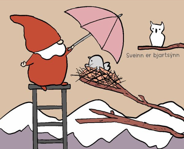 Sveinn on a stool holding a pink umbrella over a small gray bird in a nest, with snowy mountains below and a white owl on a branch to the right.