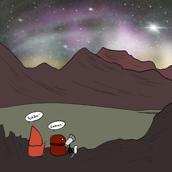 Björn and Sveinn sitting on a mountain top under a starry sky.