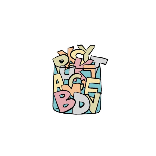 Colorful alphabet letters in a blue rectangular container on a white background