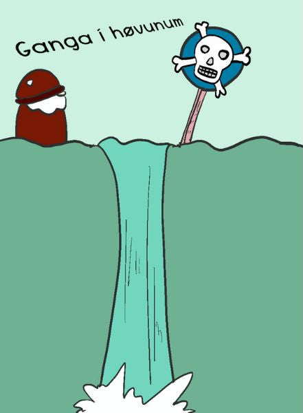 A minimalist cartoon illustration with the text 'Ganga i høvunum' at the top left. A small Björn with white hair stands on the left edge, looking toward a large teal water void or canyon.