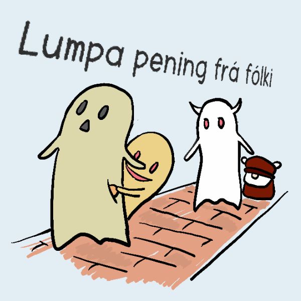A cartoon-style illustration on a pale blue background with the text 'Lumpa pening frá fólki' above three ghost-like figures.