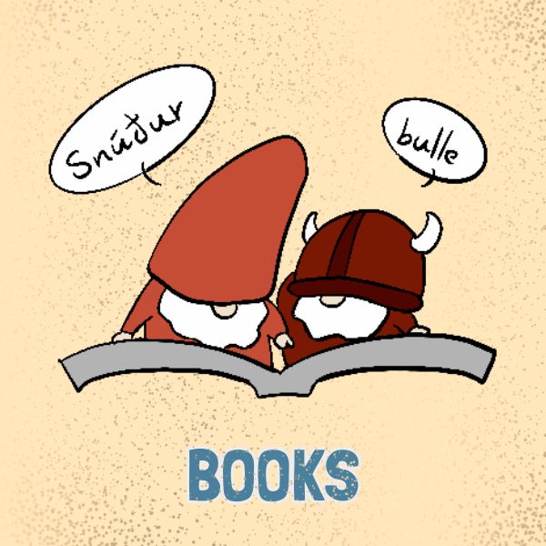 Cartoon Sveinn and Björn reading a book with speech bubbles and the word 'BOOKS' on a beige background.